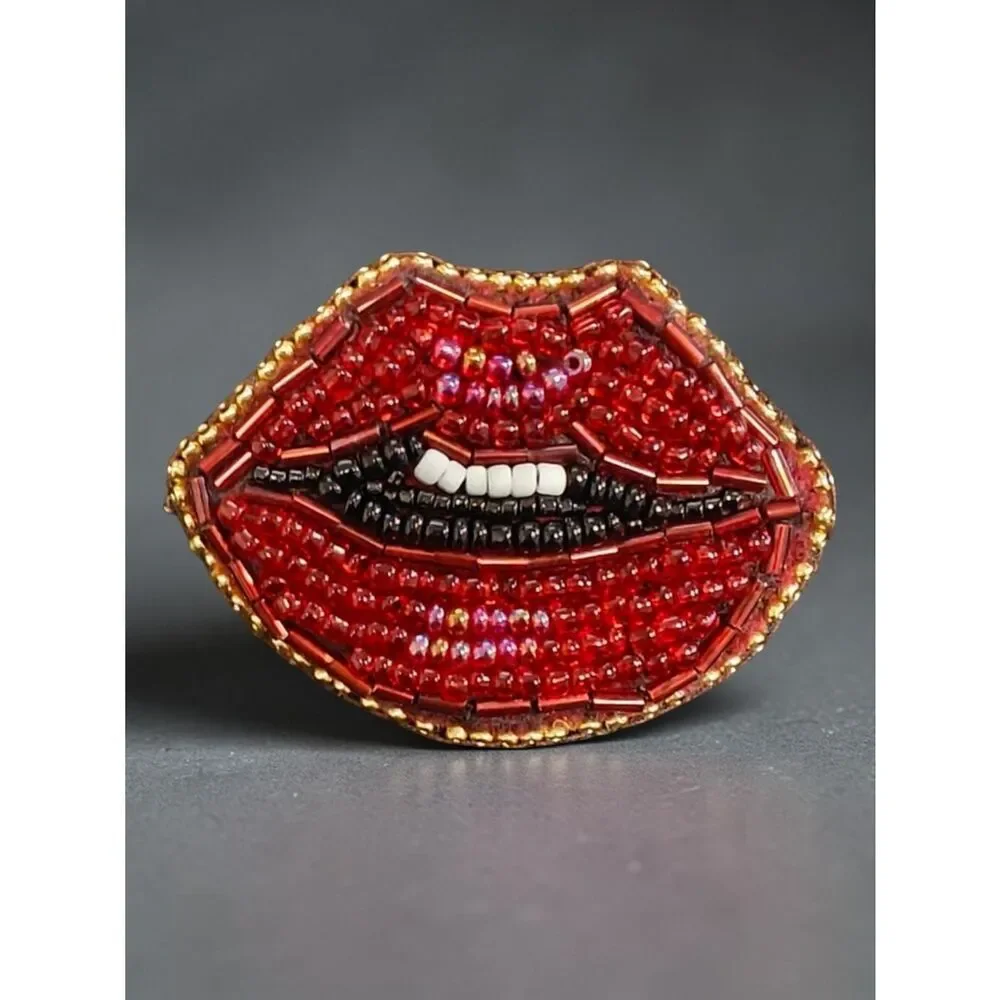 Designer's Murka Handmade Hand Beaded Red Lip Brooch Pin with Gold Trim